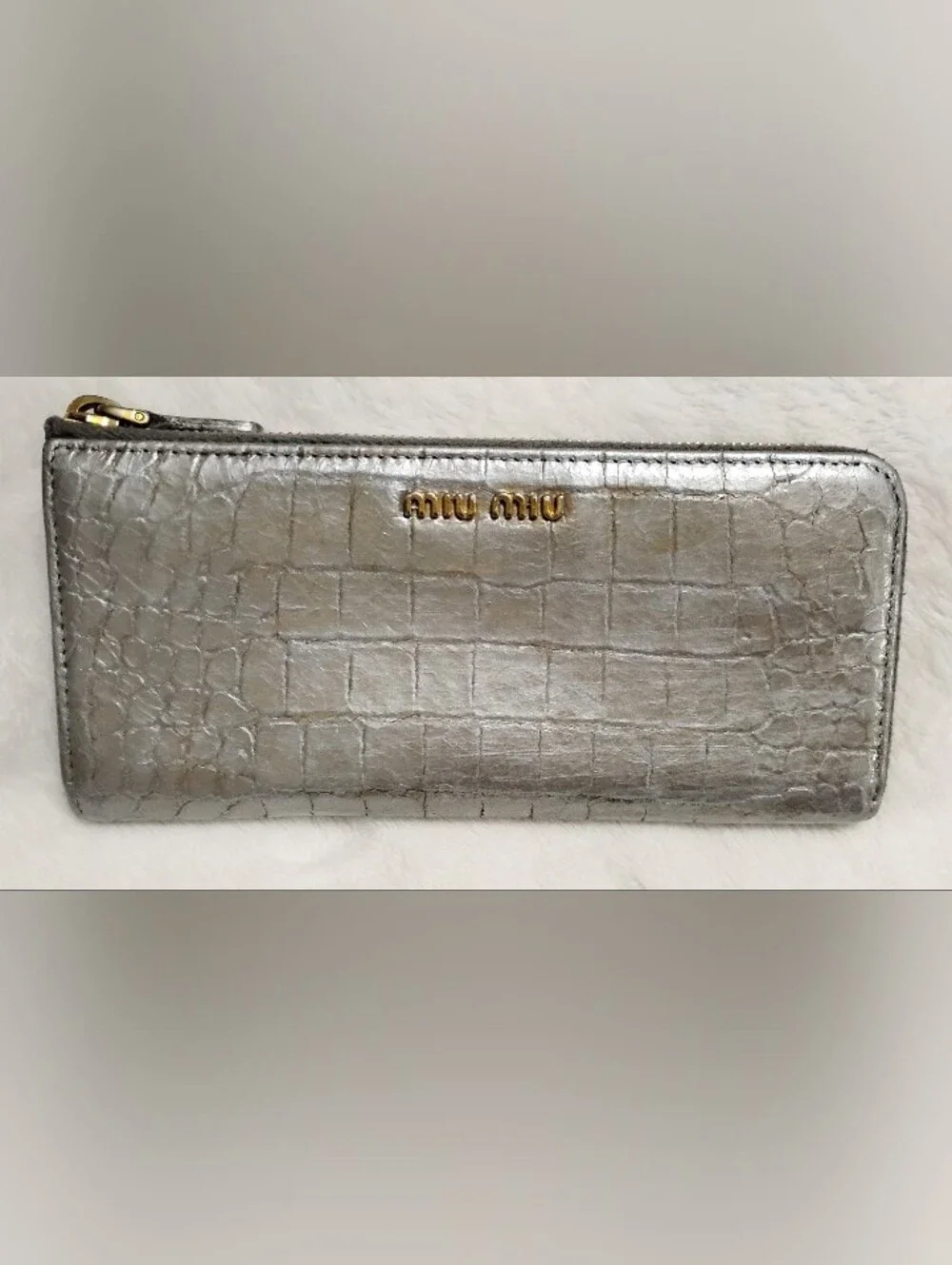 Miu Miu 2Tone Shimmer Metallic Vintage Wallet! Croc-Embossed ZipGold Logo!